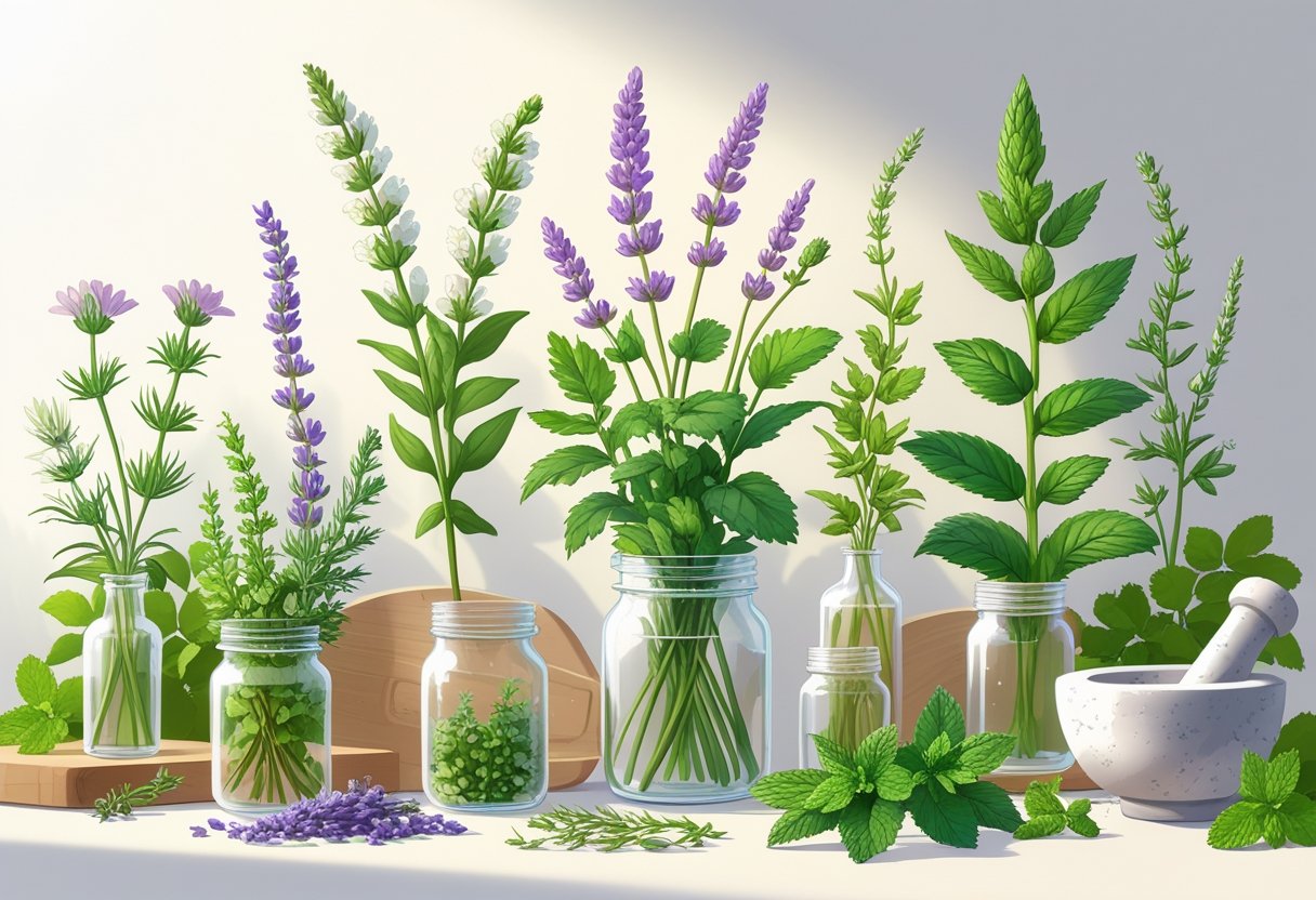 An arrangement of various fresh herbs known for supporting women's hormone health, including chamomile, lavender, red clover, nettle, and spearmint, displayed with glass jars and natural elements on a light surface.