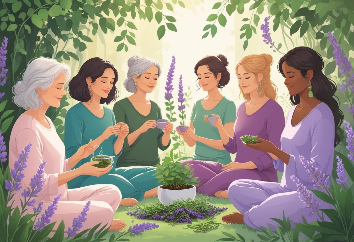 A group of diverse women surrounded by various herbs known for hormone support, appearing calm and empowered in a natural setting.