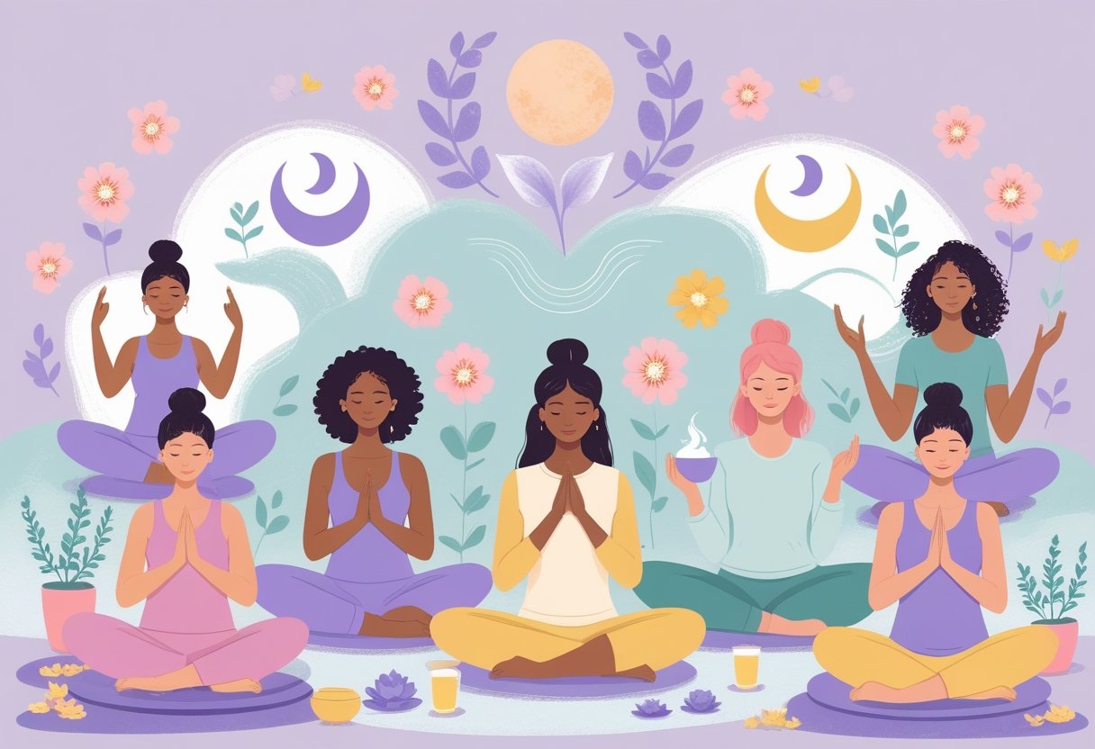 A group of women practicing self-care activities like yoga, applying a facial mask, journaling, and drinking tea, surrounded by symbols representing menstrual cycle phases in a calm, natural setting.