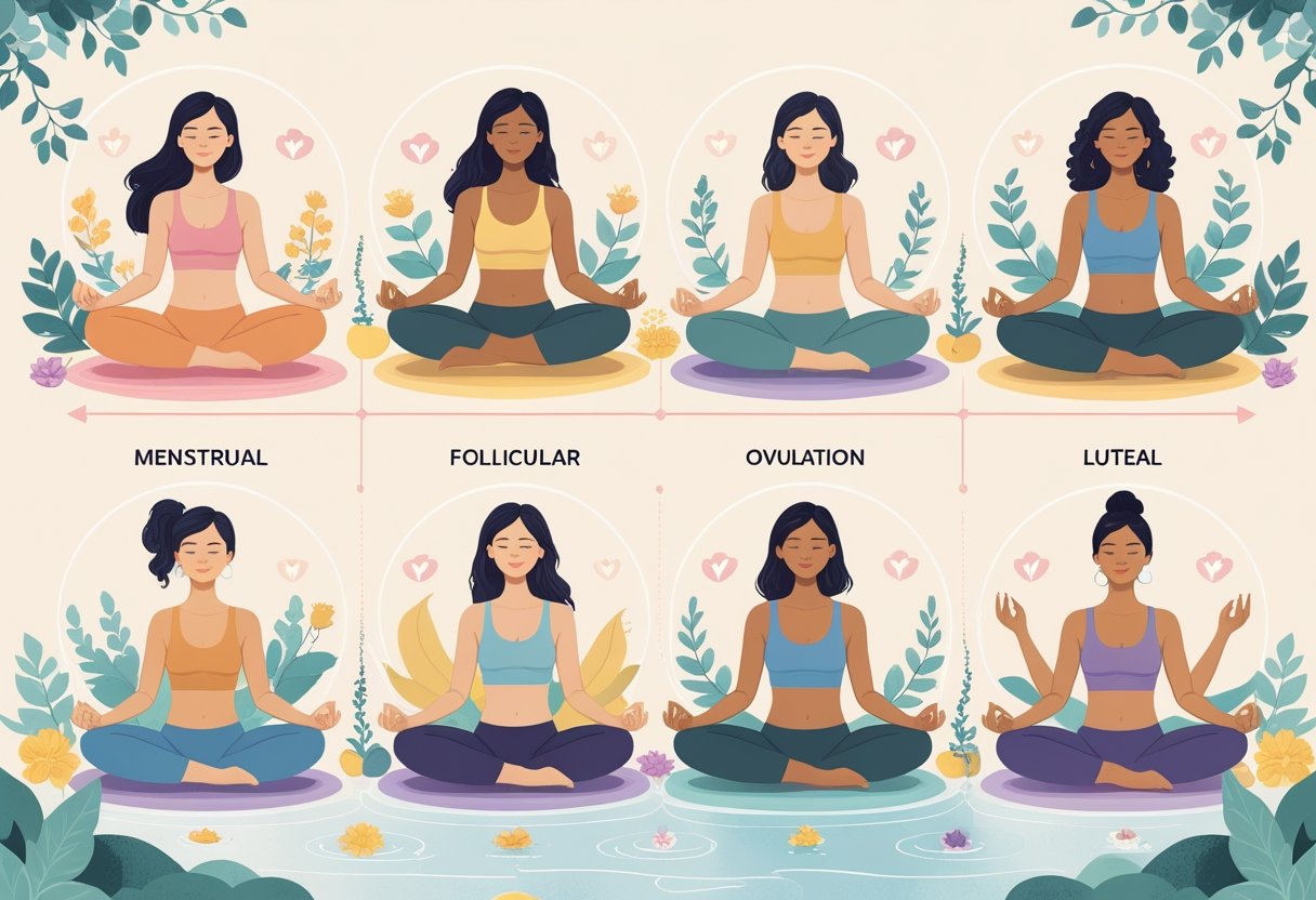 Four women practicing different self-care activities representing phases of the menstrual cycle, surrounded by natural elements symbolizing balance and harmony.