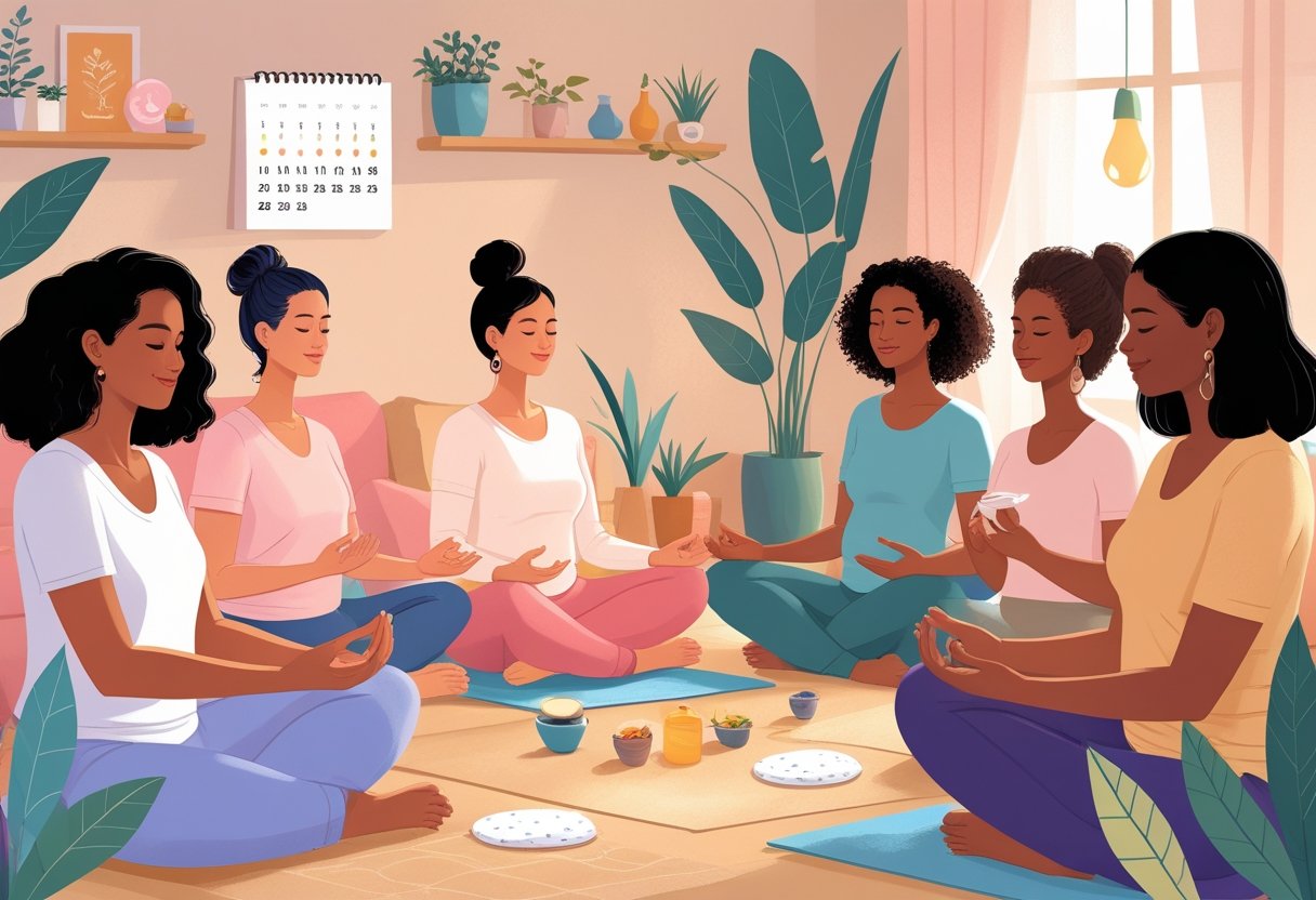 A group of diverse women practicing self-care activities like yoga, using heat pads, and drinking tea in a warm, comfortable room.
