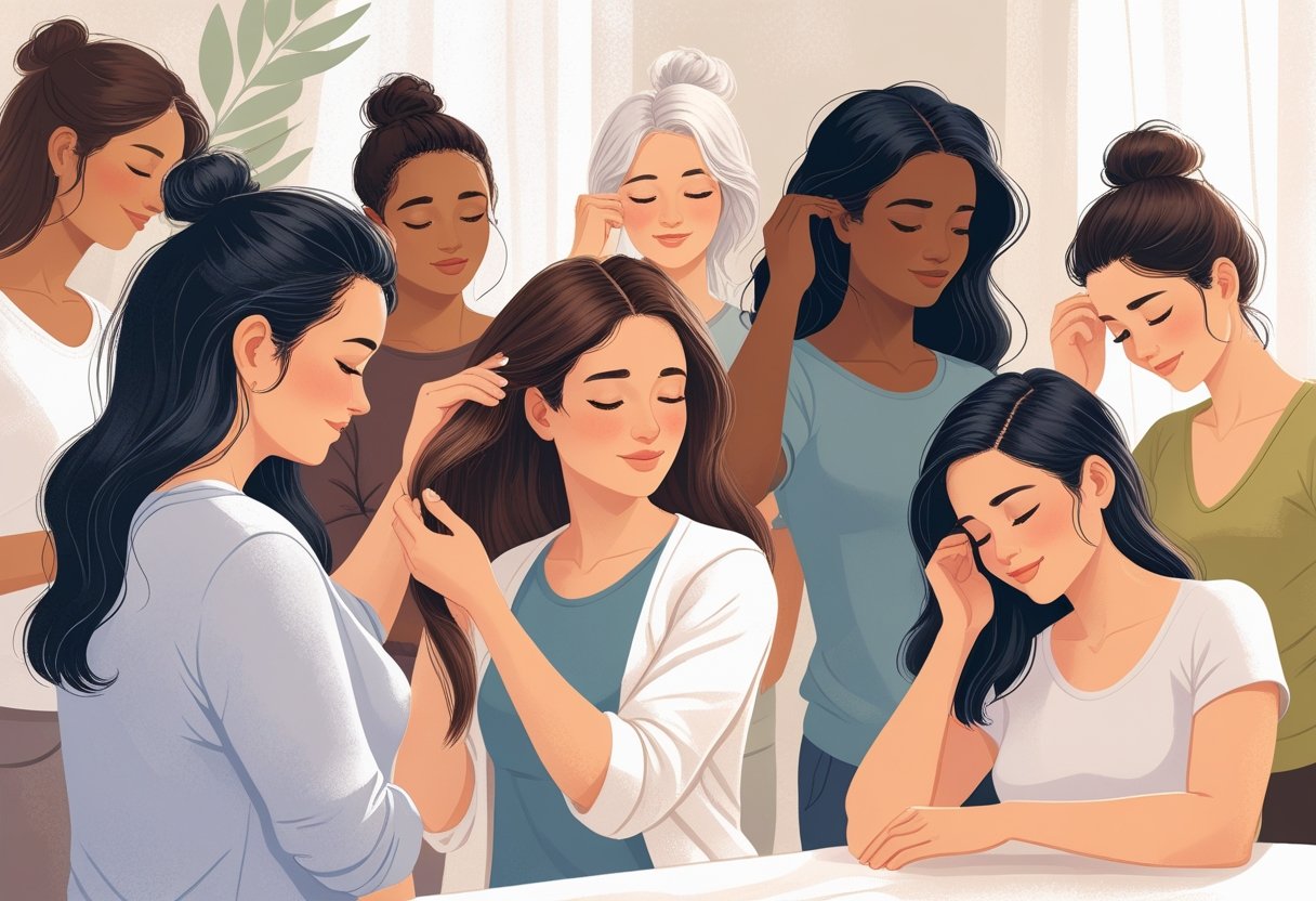 A group of diverse women gently examining their thinning hair, showing signs of hair loss in a calm and supportive setting.