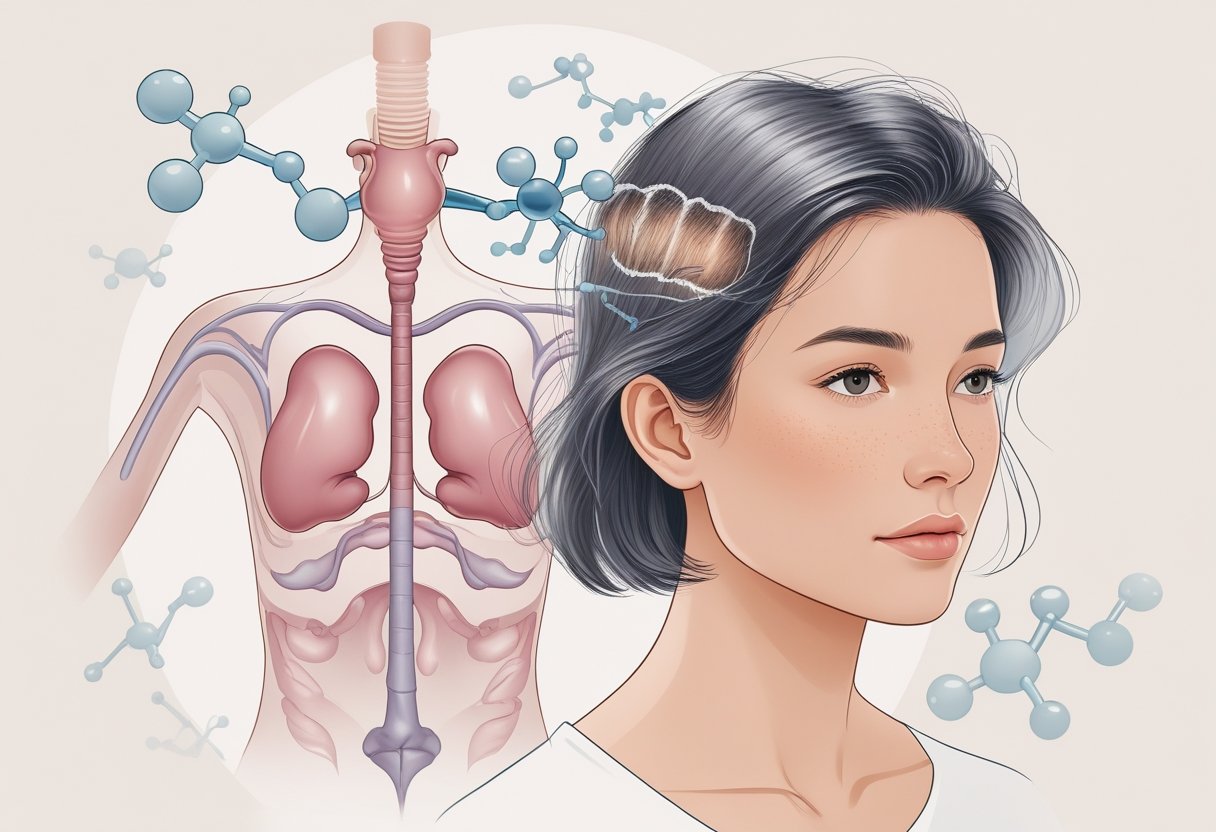 A woman with thinning hair surrounded by illustrations of hormonal glands and molecular structures representing hormonal imbalance.