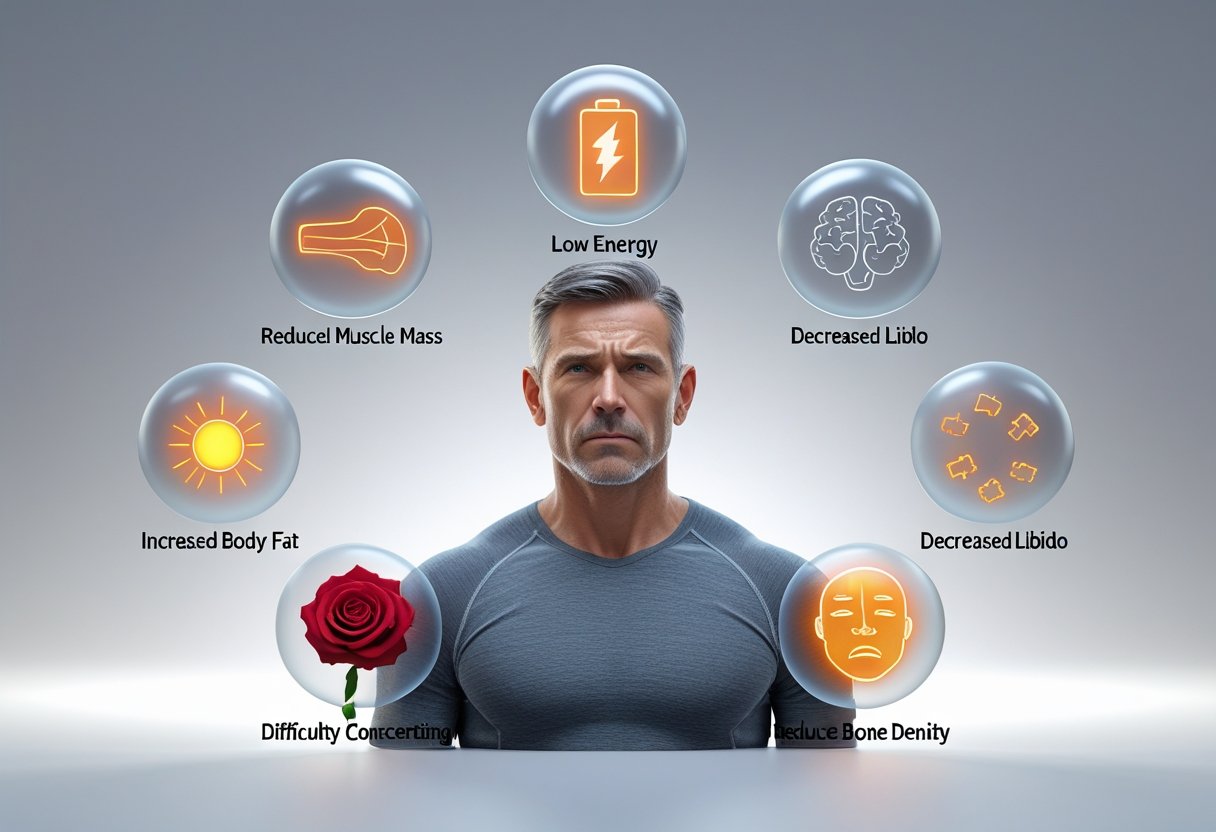 A 3D image of a man surrounded by seven symbols representing signs of low testosterone, including fading muscles, a dim battery, a wilting rose, a sad mask, soft body contours, a blurred brain, and cracked bones.