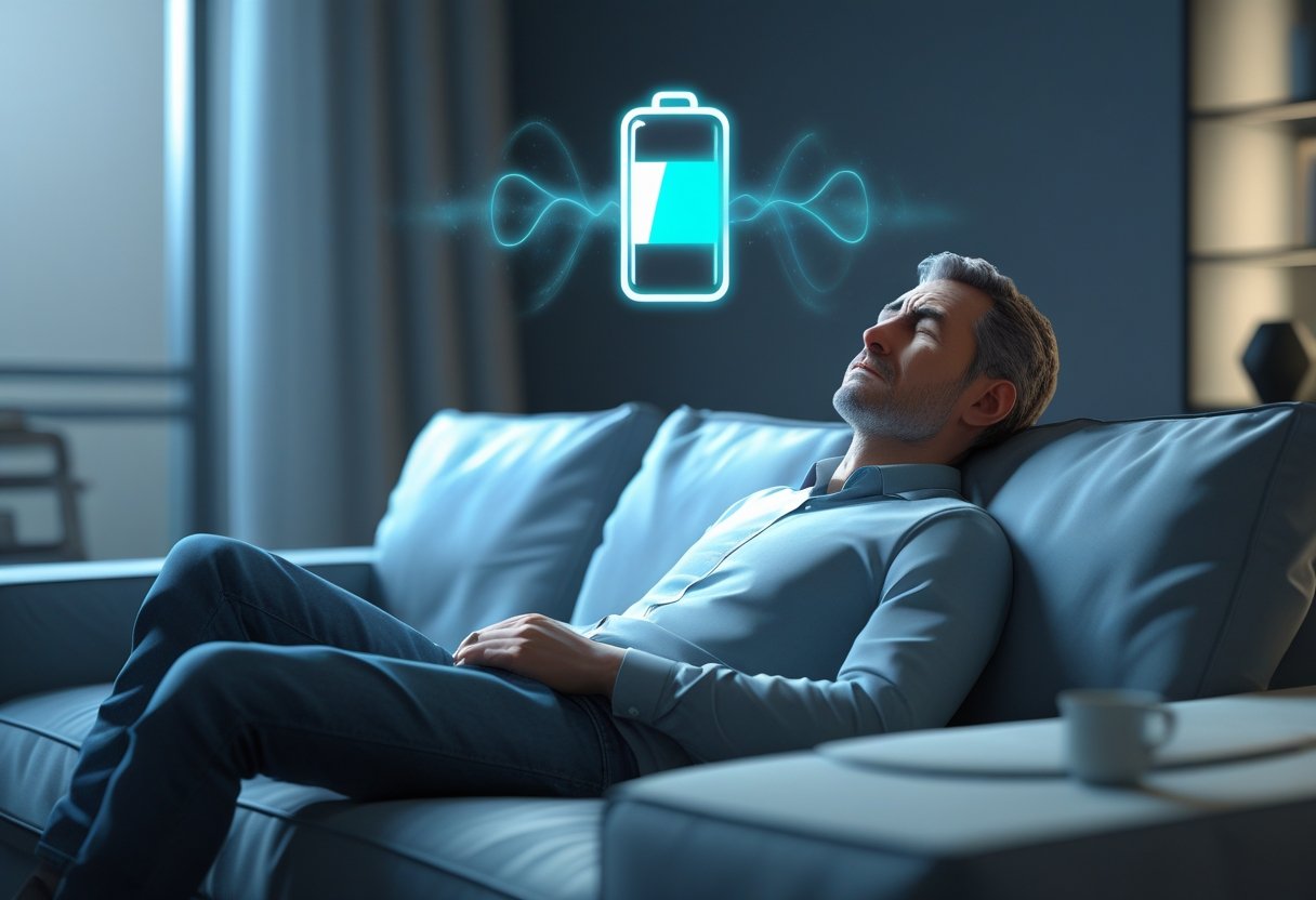 A tired adult man sitting on a couch with a slouched posture in a dimly lit living room, appearing fatigued and low on energy.