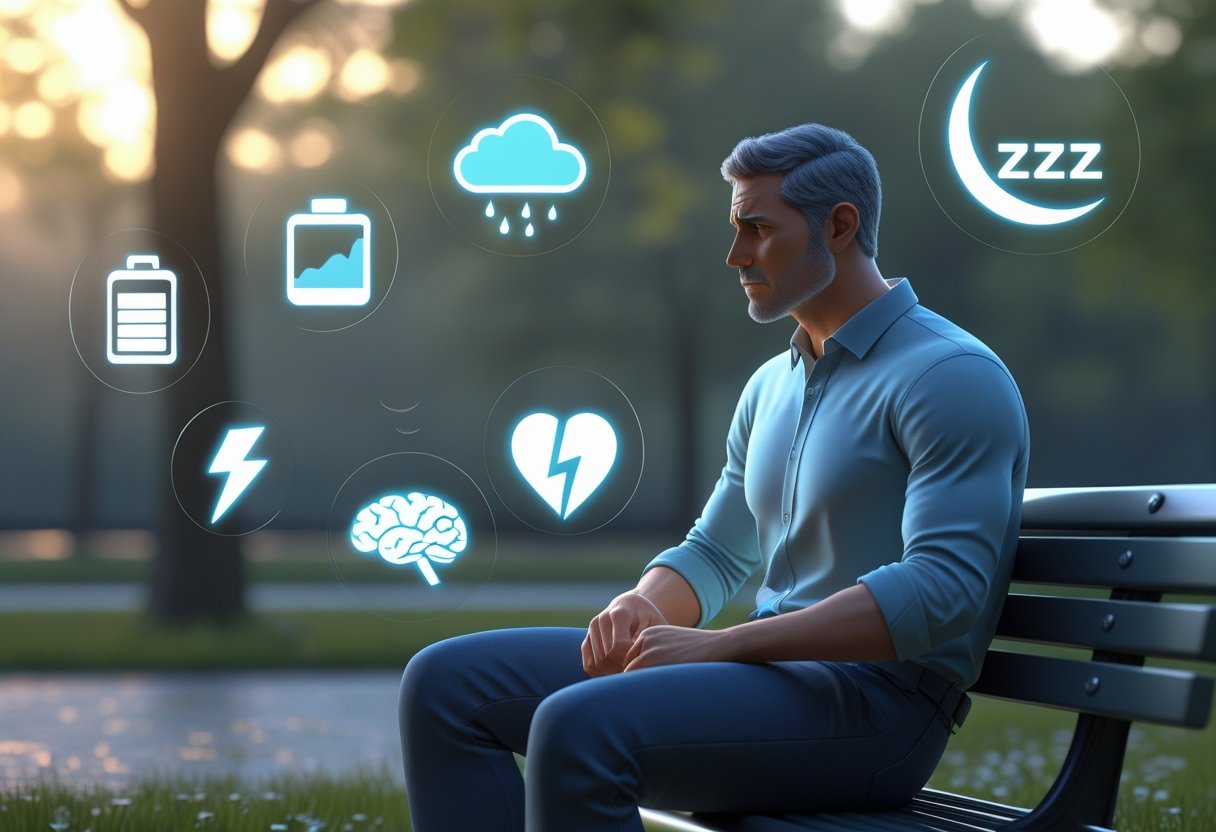 A man sitting on a bench in a park looking thoughtful and worried with glowing icons around him representing different symptoms of low testosterone.