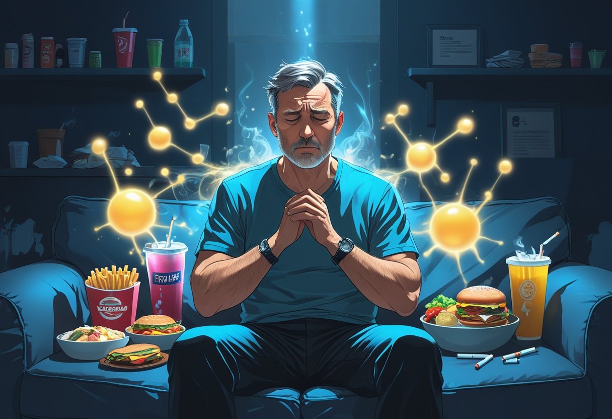 A tired middle-aged man sitting on a couch surrounded by unhealthy food, drinks, and cigarettes, with faint glowing hormone symbols around him indicating hormonal imbalance.