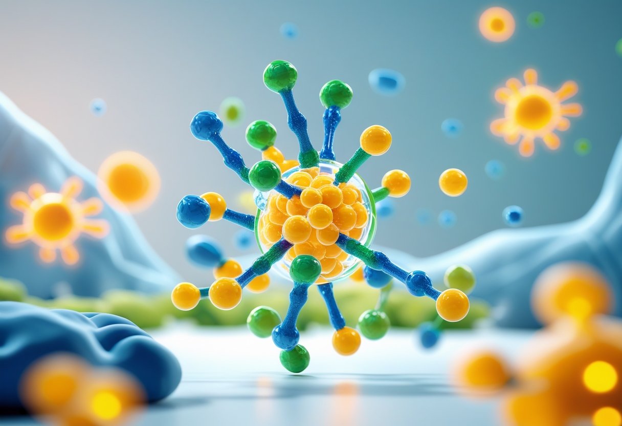 3D rendering of colorful amino acid molecules floating with glowing effects against a background suggesting muscles and cells, representing health benefits.