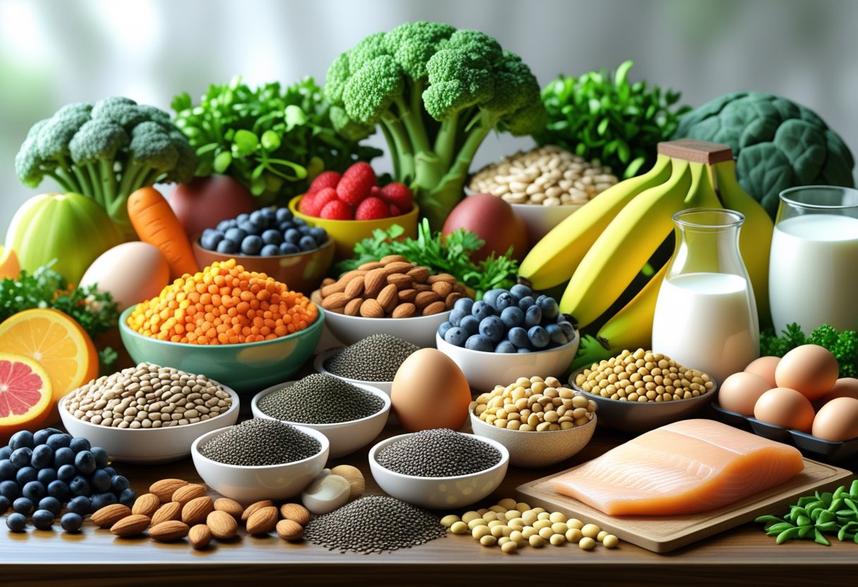 A 3D scene showing a variety of fresh foods rich in essential amino acids, including vegetables, fruits, nuts, legumes, eggs, dairy, and lean meats arranged on a wooden table.