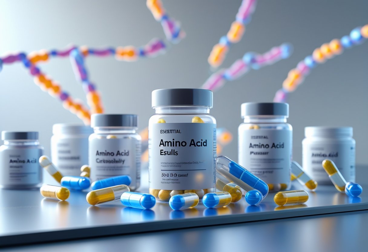 A 3D scene showing essential amino acid supplement capsules and containers surrounded by floating molecular structures on a clean surface.