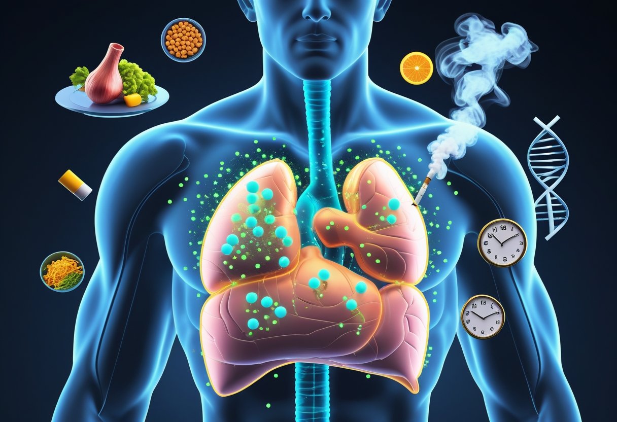 A 3D view of a human body highlighting muscles and organs with glowing particles representing low carnitine levels and surrounding icons symbolizing risk factors like unhealthy diet, smoking, aging, and genetics.