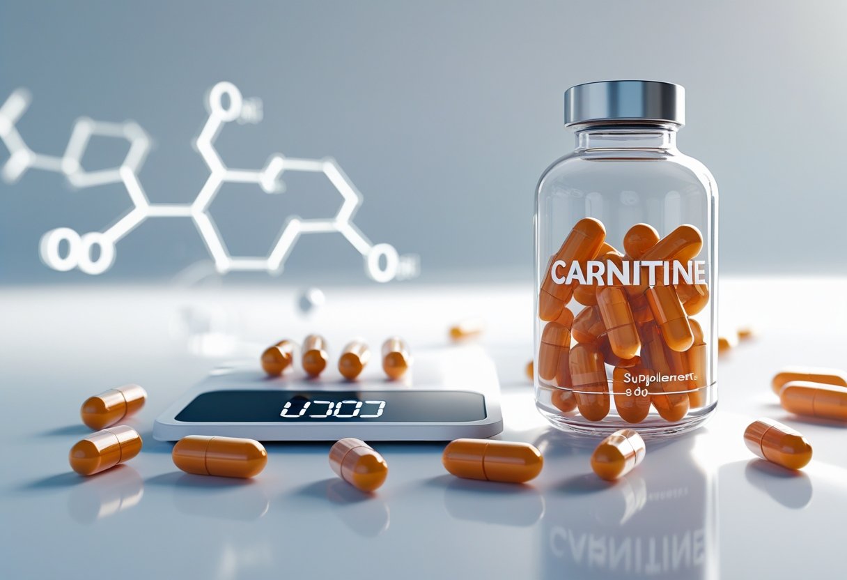 A 3D scene showing a glass bottle of red-orange carnitine capsules on a white surface with some capsules scattered around and a digital scale displaying dosage measurements.