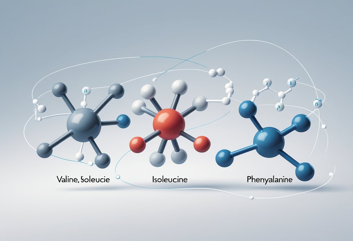 Three distinct molecular structures representing the essential amino acids Valine, Isoleucine, and Phenylalanine, shown with colored atoms and bonds on a clean light background.