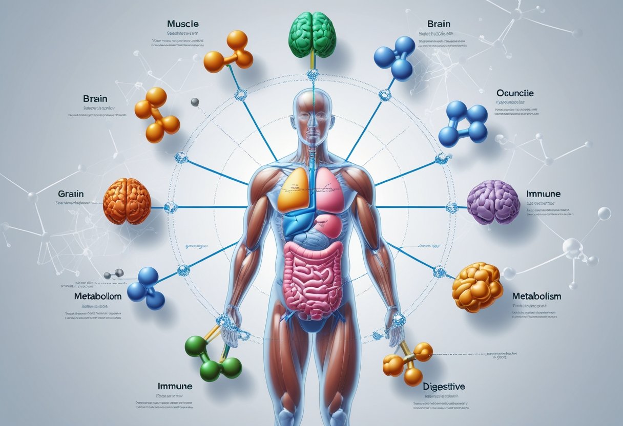 A human figure with highlighted organs surrounded by nine colorful molecular structures connected to different body parts, illustrating the functions and benefits of essential amino acids.
