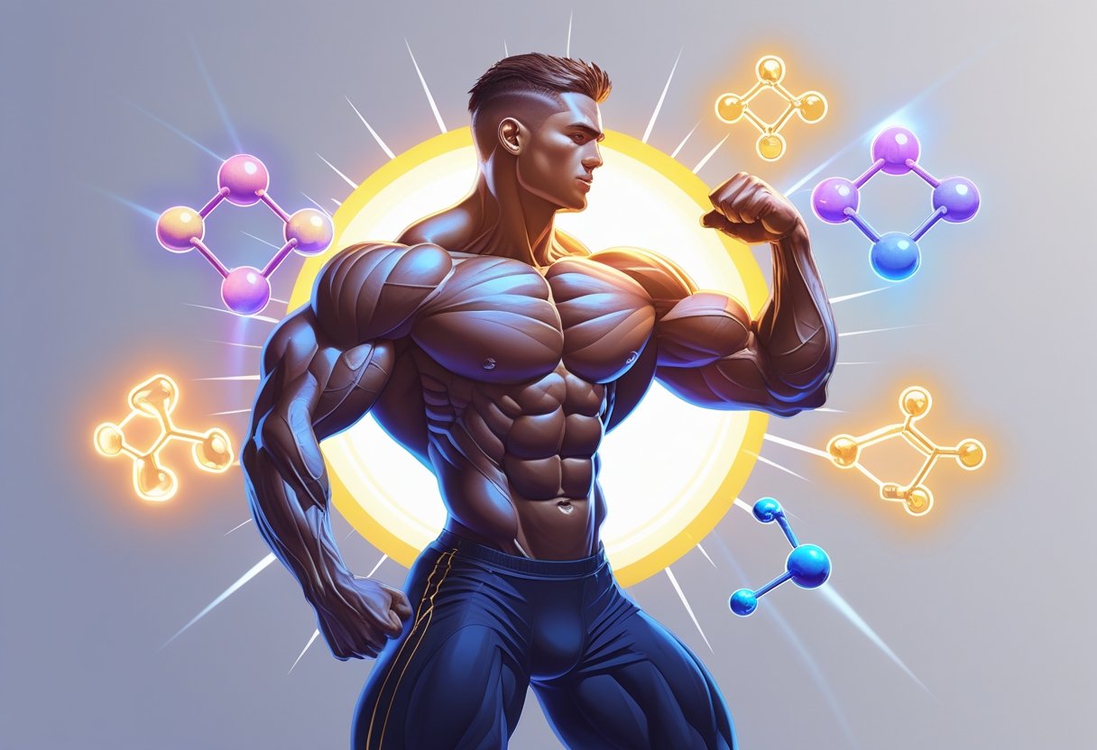 A muscular person in an action pose surrounded by five glowing molecular structures representing essential amino acids, symbolizing muscle growth.