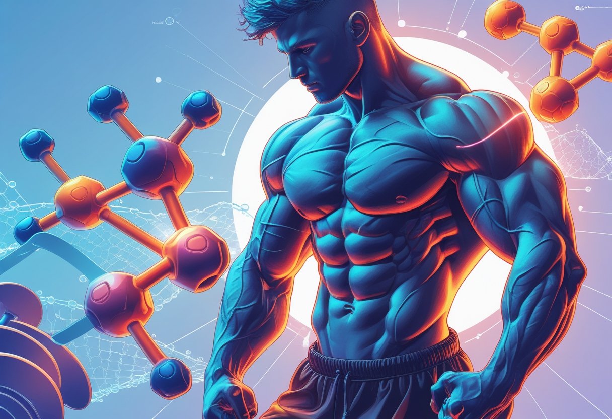 A muscular person exercising surrounded by five glowing molecular structures representing essential amino acids, with the fifth molecule highlighted to show its importance in muscle growth.