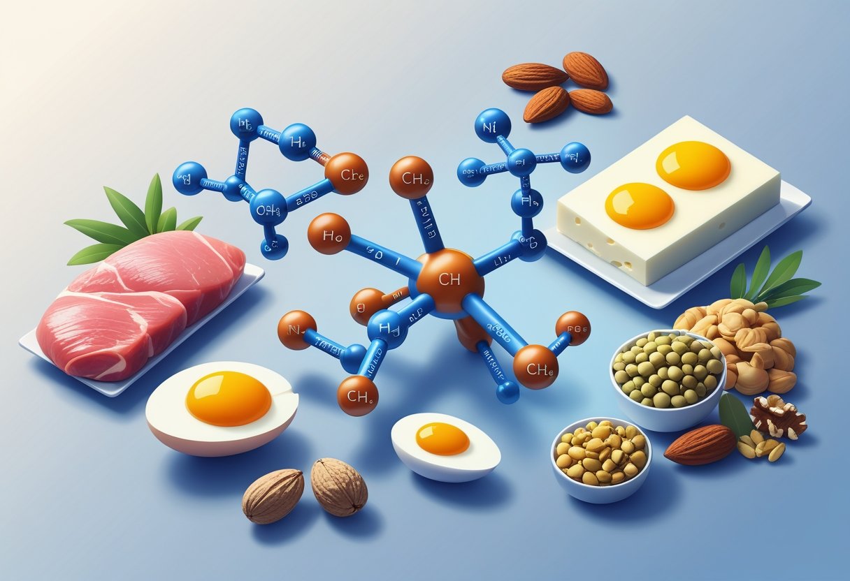 Illustration showing five molecular structures of essential amino acids surrounded by images of lean meats, eggs, dairy, legumes, and nuts representing dietary sources for muscle growth.