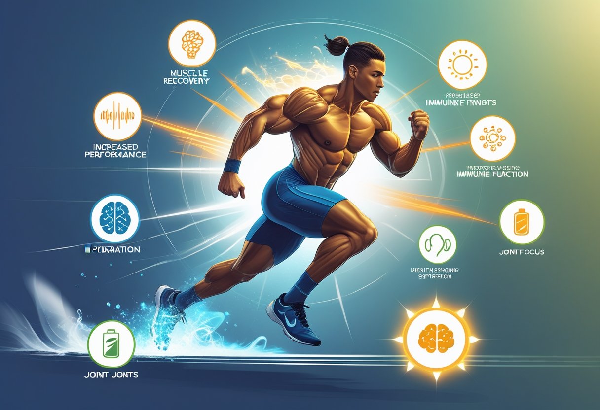 An elite athlete in action surrounded by ten icons representing benefits of amino acid supplements, including muscle recovery, energy, performance, immunity, reduced fatigue, hydration, focus, joint support, protein synthesis, and vitality.