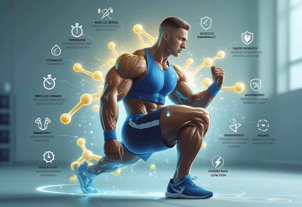 An elite athlete recovering after training surrounded by glowing amino acid molecules and icons representing benefits like muscle repair, reduced soreness, and increased energy.