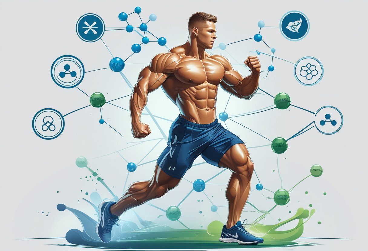 An elite athlete training intensely, surrounded by glowing molecular structures and ten icons symbolizing the benefits of amino acid supplements for improved body composition and performance.