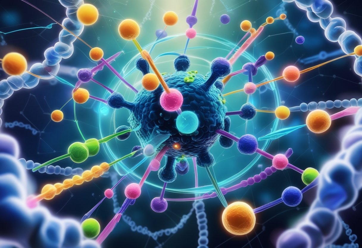 An illustration showing a ribosome assembling a protein chain with 20 different amino acids arranged around it, connected by glowing lines to the growing protein.
