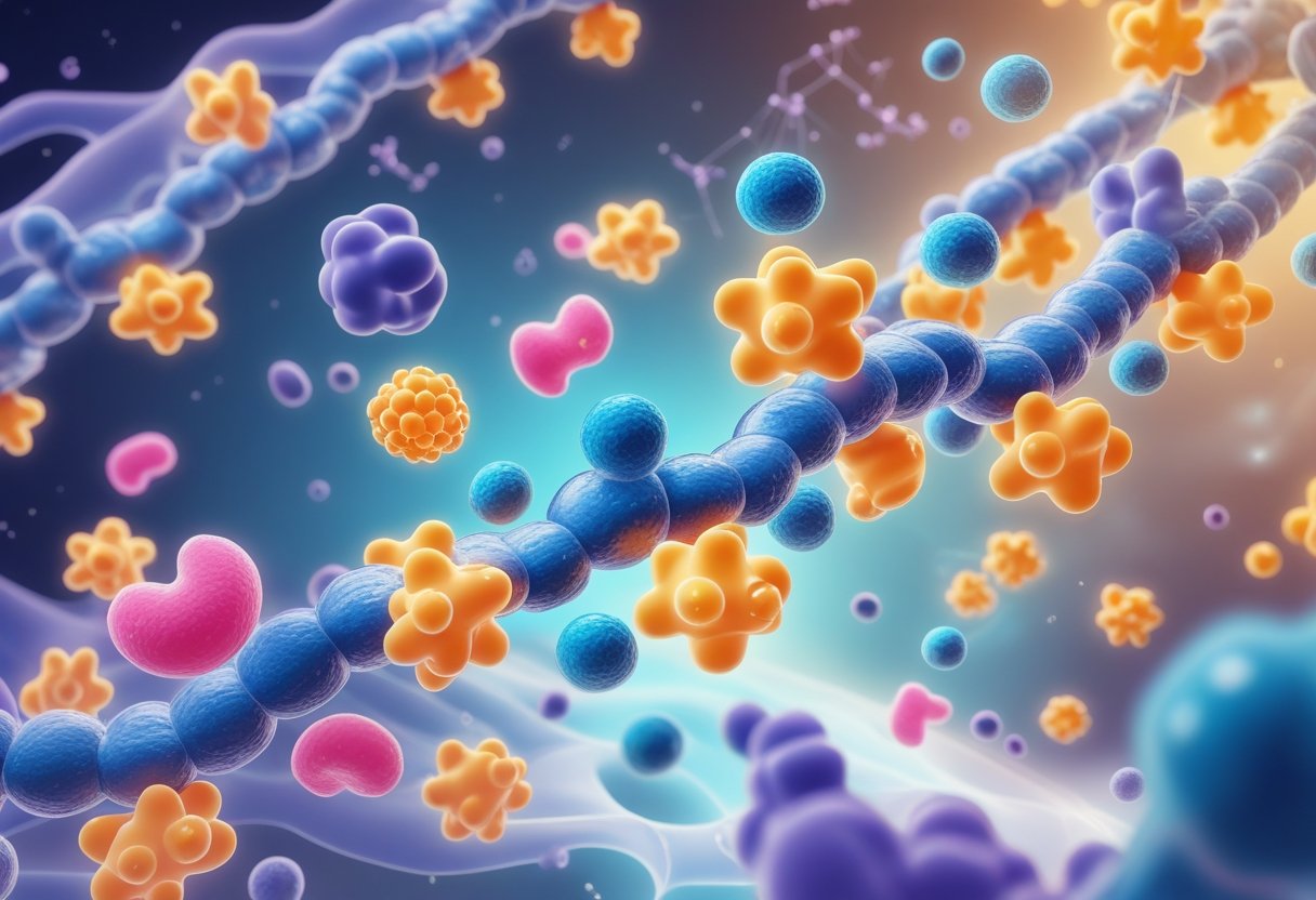 A detailed scene showing 20 distinct amino acids interacting with a ribosome translating mRNA into a protein chain inside a cell.