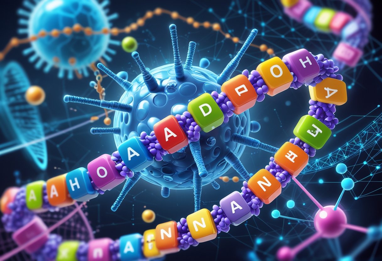 An illustration showing a ribosome assembling a colorful chain of 20 amino acids with DNA strands and molecular structures around it, representing protein synthesis and biotechnology.