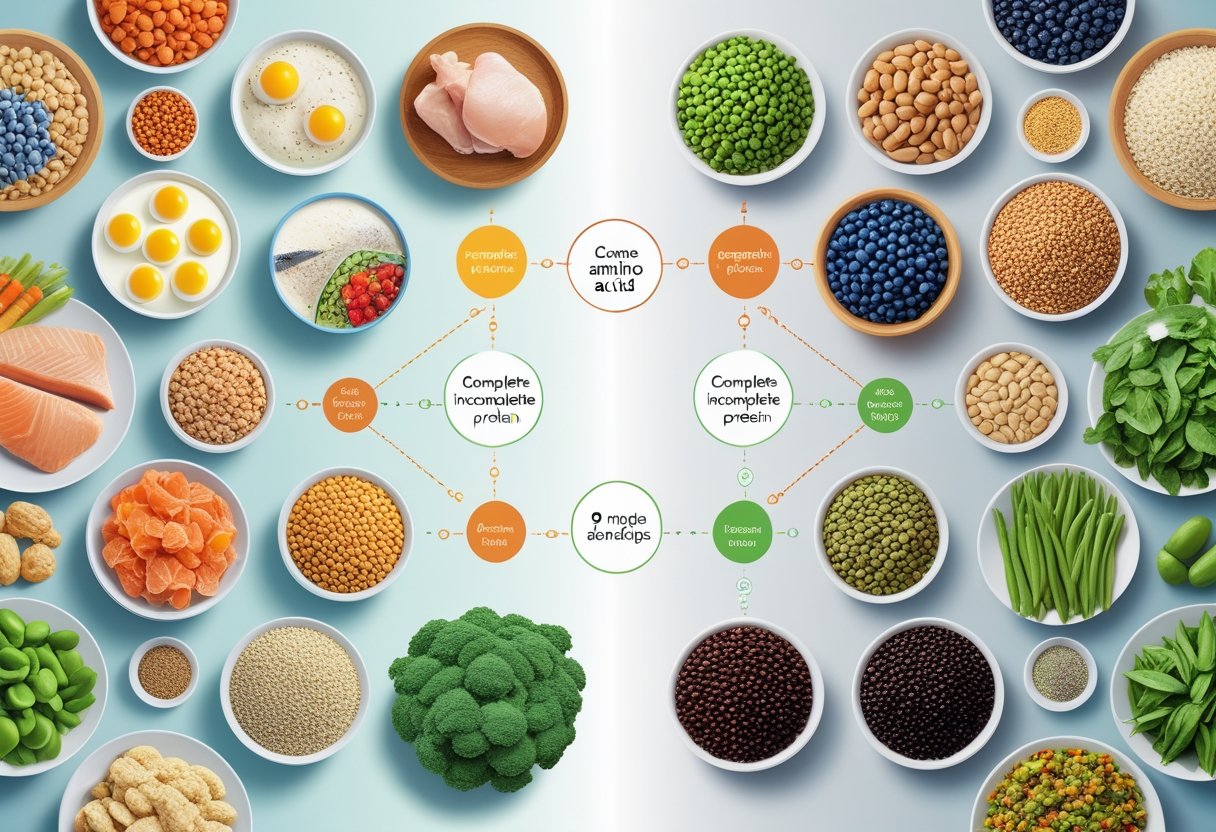 An illustration showing various complete protein foods like eggs and fish on one side, incomplete protein foods like beans and nuts on the other, with representations of nine essential amino acids between them.