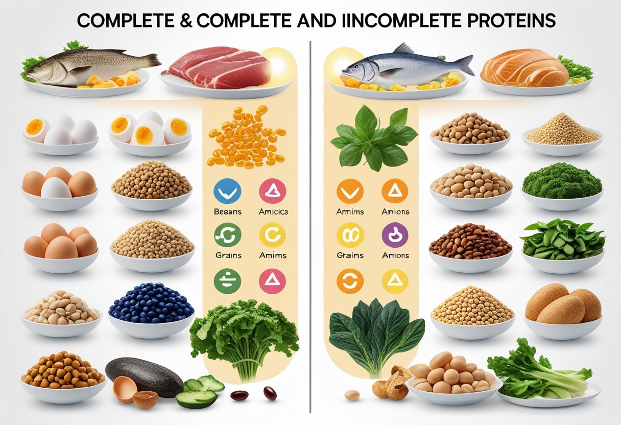 An illustration showing groups of complete protein foods like eggs, fish, meat, and dairy on one side, incomplete protein foods like beans, nuts, grains, and vegetables on the other, with colorful icons representing the nine essential amino acids in the center.