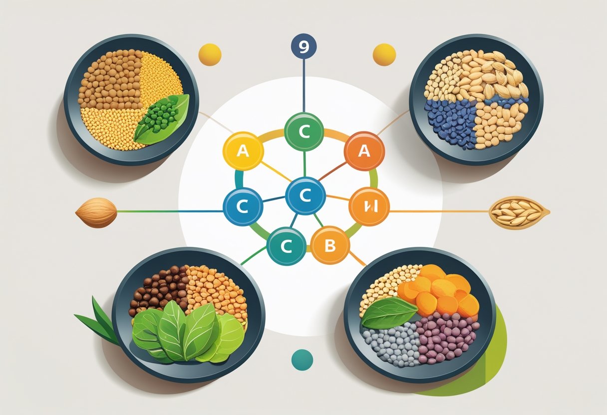 Two plates with different plant-based foods connected by colorful icons representing essential amino acids forming a complete chain.