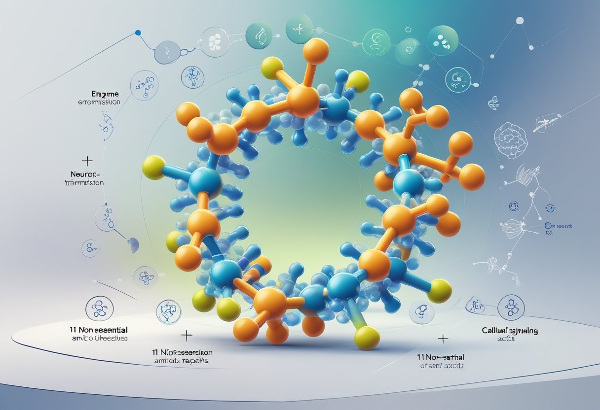 Illustration of interconnected colorful amino acid molecules arranged in a circular pattern with icons symbolizing different biological functions around them.
