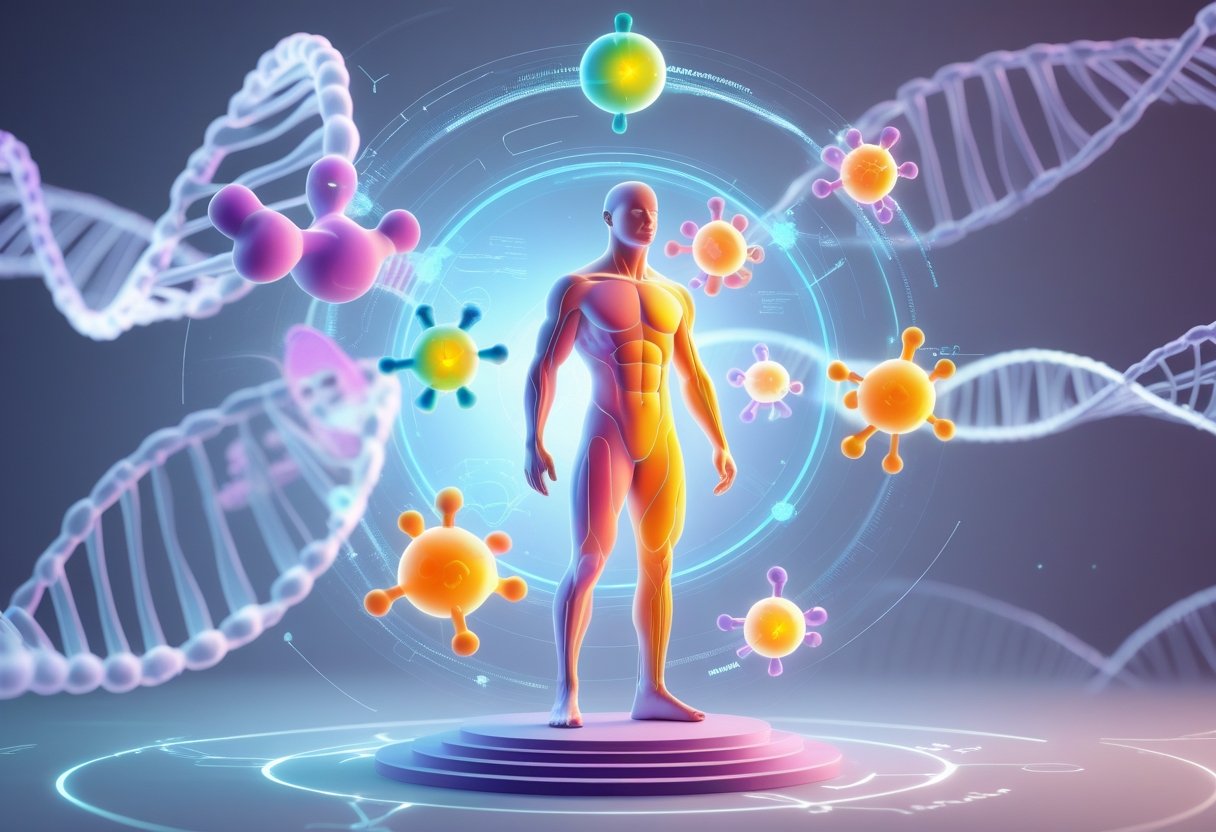 An illustration showing a human figure surrounded by colorful molecules representing 11 different non-essential amino acids, each linked to various biological functions.
