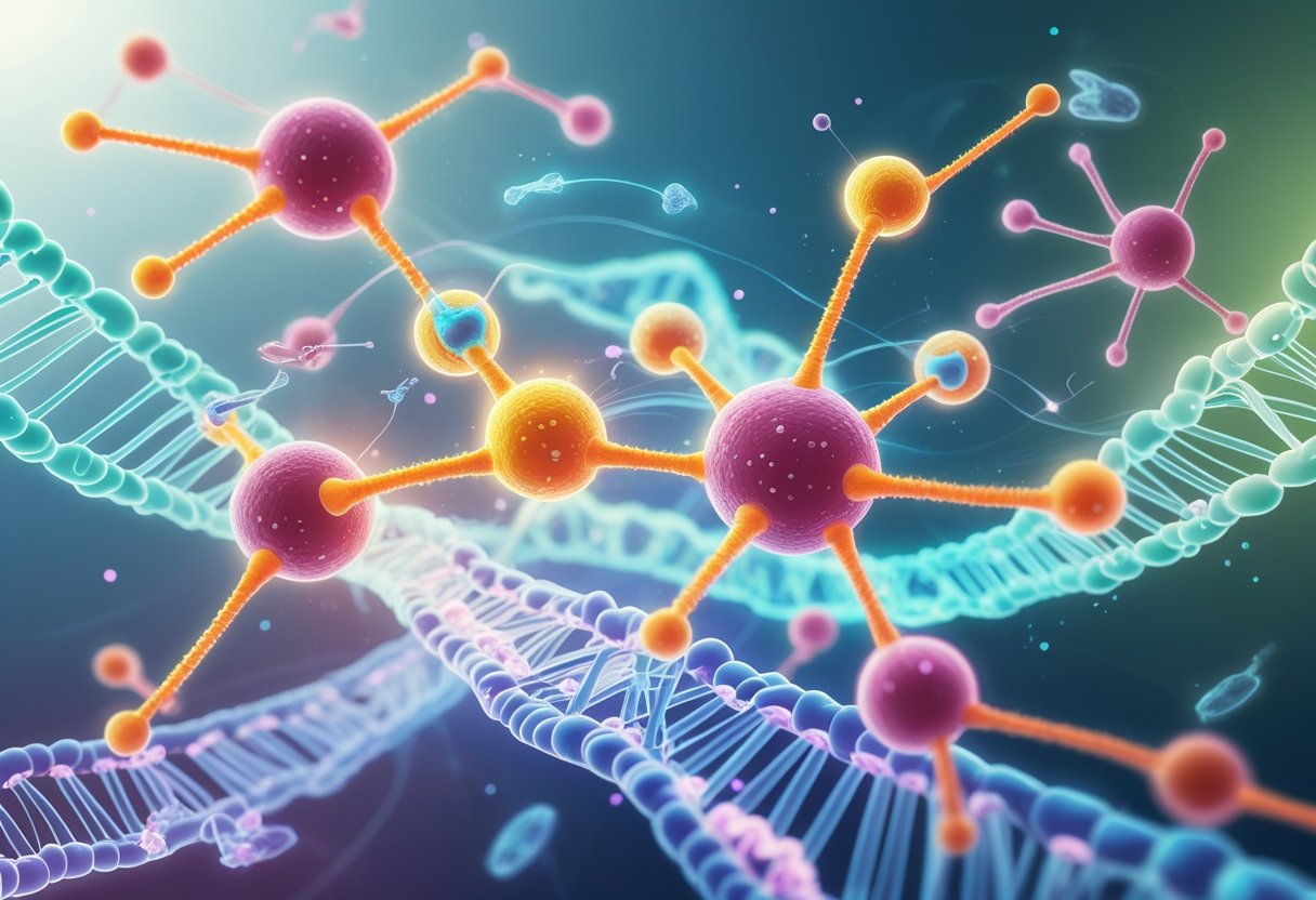 Illustration showing interconnected amino acid molecules surrounded by biological elements like DNA strands and cell membranes, highlighting their hidden functions in biology.