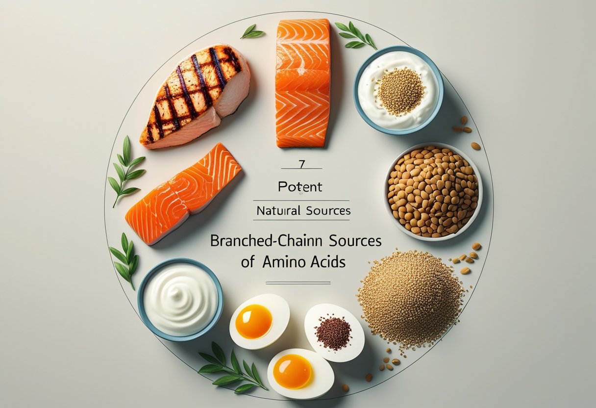 Seven different foods known for branched-chain amino acids arranged in a circle, including chicken breast, salmon, lentils, almonds, Greek yogurt, quinoa, and eggs.