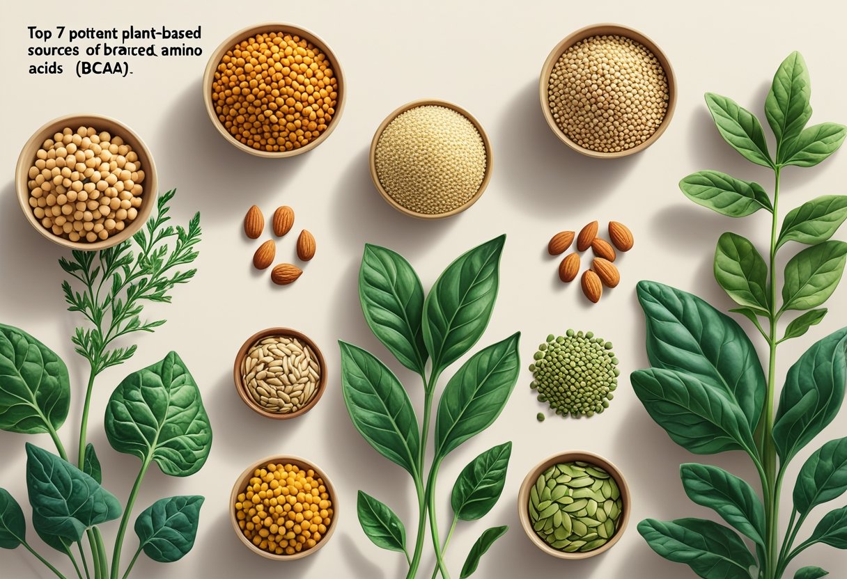 An illustration showing seven different plant-based foods known for branched-chain amino acids, including lentils, chickpeas, quinoa, almonds, pumpkin seeds, soybeans, and spinach leaves, arranged together on a plain background.