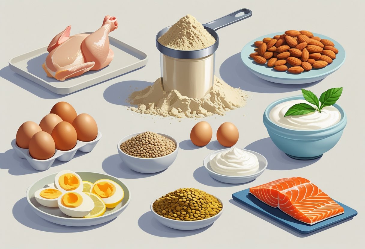 Seven natural food sources of branched-chain amino acids arranged neatly, including chicken breast, eggs, whey protein powder, almonds, lentils, salmon, and Greek yogurt.