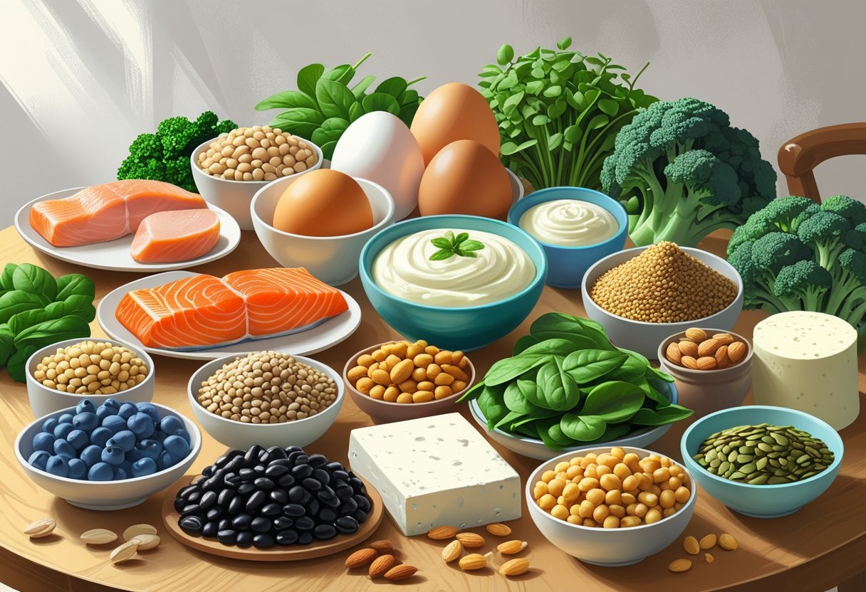 A variety of natural foods rich in amino acids arranged together on a wooden table, including eggs, chicken, salmon, lentils, nuts, and vegetables.