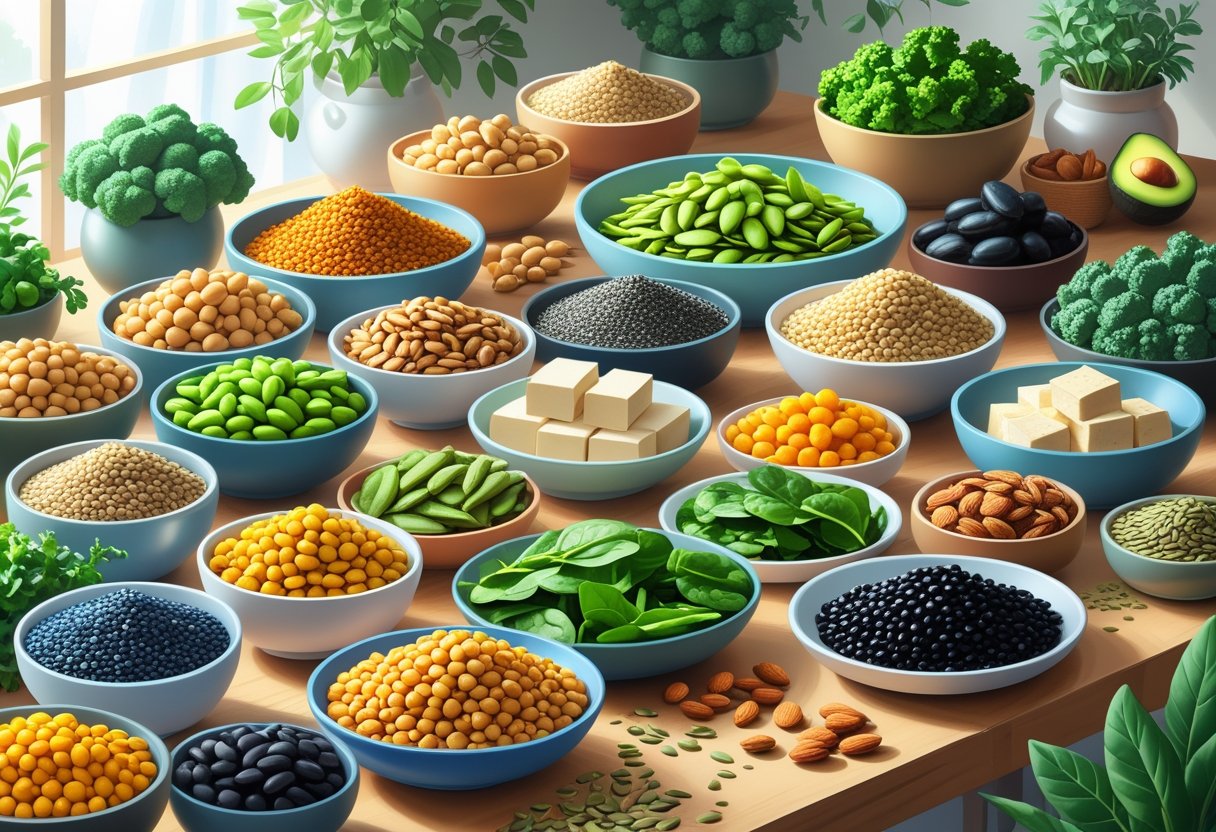 A variety of plant-based foods rich in amino acids arranged on a wooden table, including lentils, chickpeas, quinoa, tofu, edamame, nuts, seeds, spinach, broccoli, and avocados.