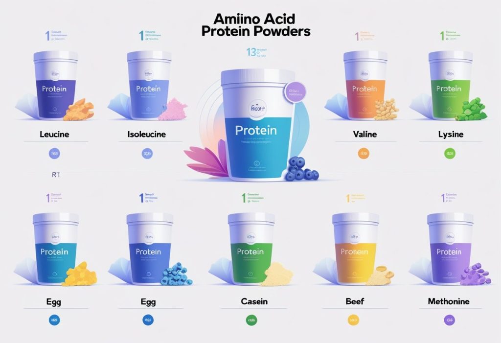 An illustration showing eight different protein powder containers arranged in a grid, each with colorful charts representing their amino acid profiles.