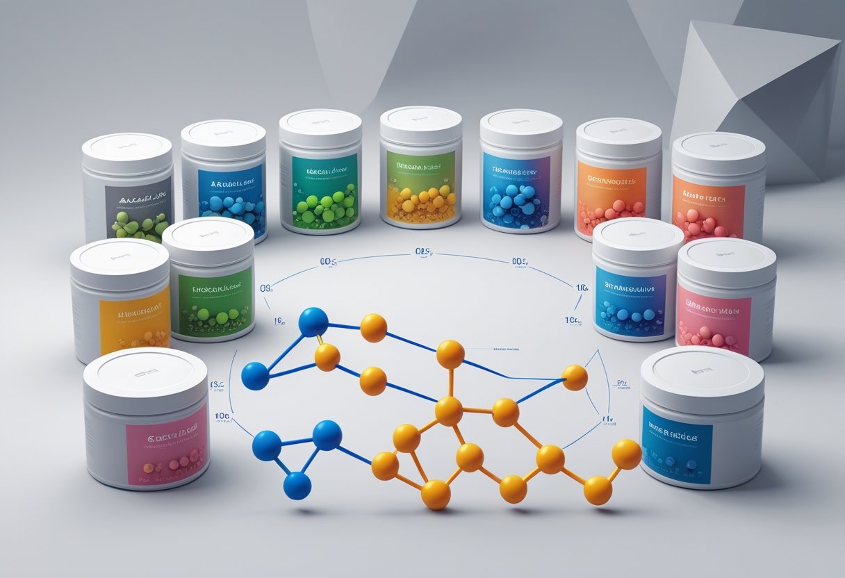 Illustration showing eight different protein powder containers with colorful molecular structures of key amino acids in front of each, arranged to compare their profiles for muscle growth and recovery.
