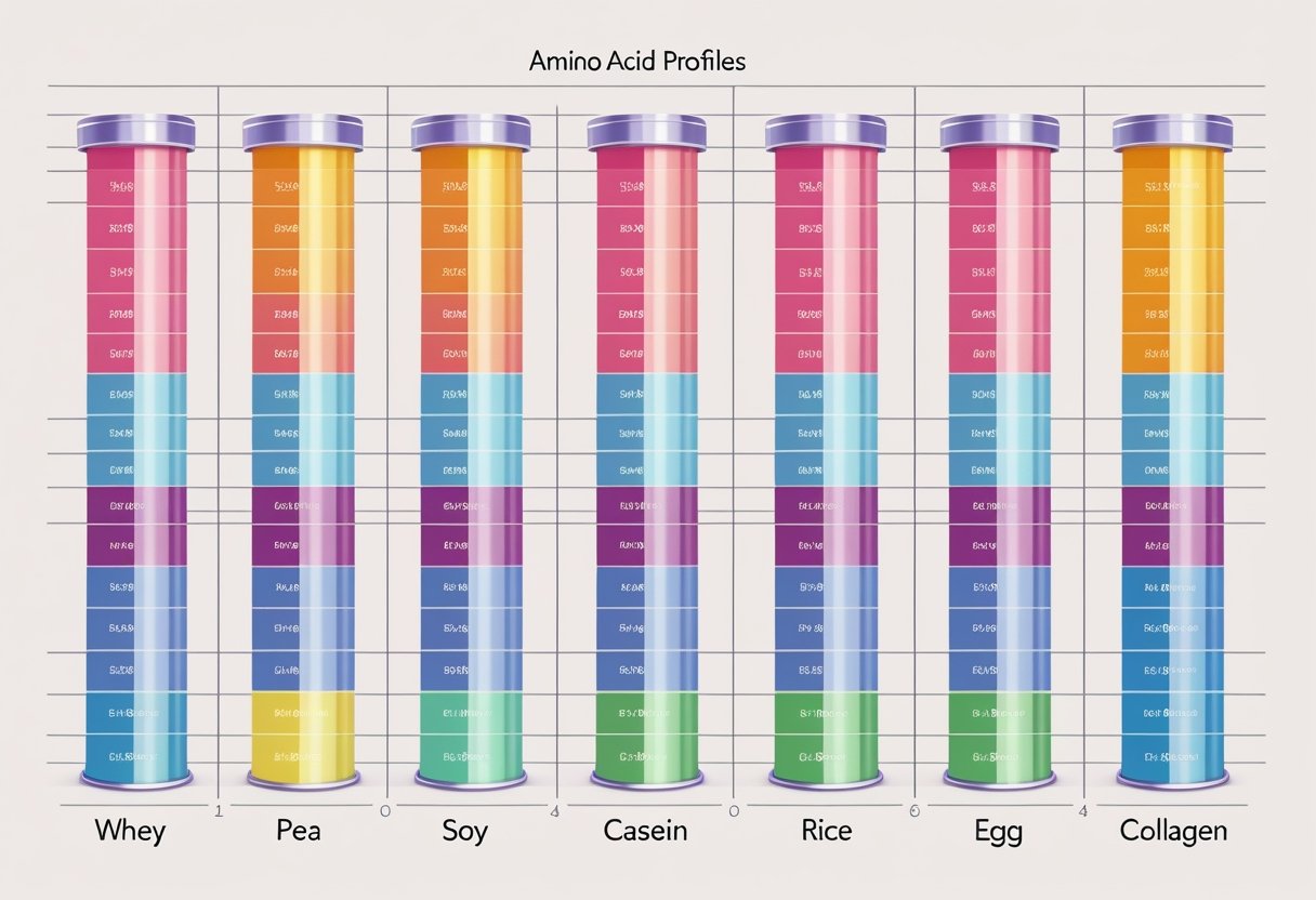 An infographic showing eight vertical bars side by side, each divided into colored segments representing different amino acids in popular protein powders.
