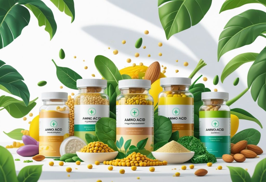 Six supplement bottles surrounded by various plant-based foods like lentils, chickpeas, quinoa, almonds, spinach, and tofu on a bright background.