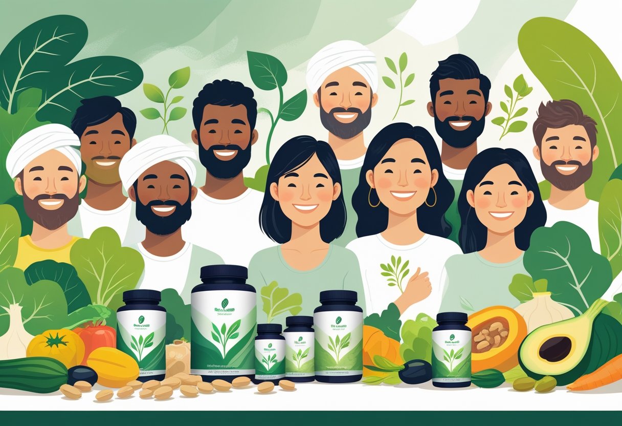 A group of diverse healthy people surrounded by vegetables, nuts, and supplement bottles with plant-based designs, symbolizing amino acid supplements for vegans and vegetarians.