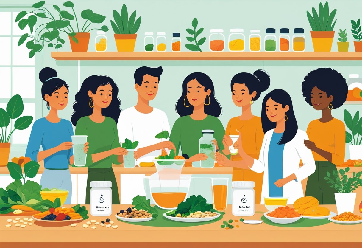 People preparing plant-based meals in a kitchen with fresh vegetables and amino acid supplement bottles on the counter.