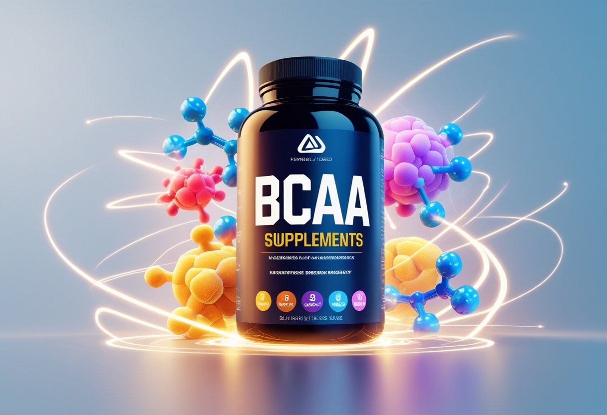 A close-up of a BCAA supplement bottle surrounded by illustrations of amino acids and protein-rich foods, with glowing energy lines representing fast muscle recovery.