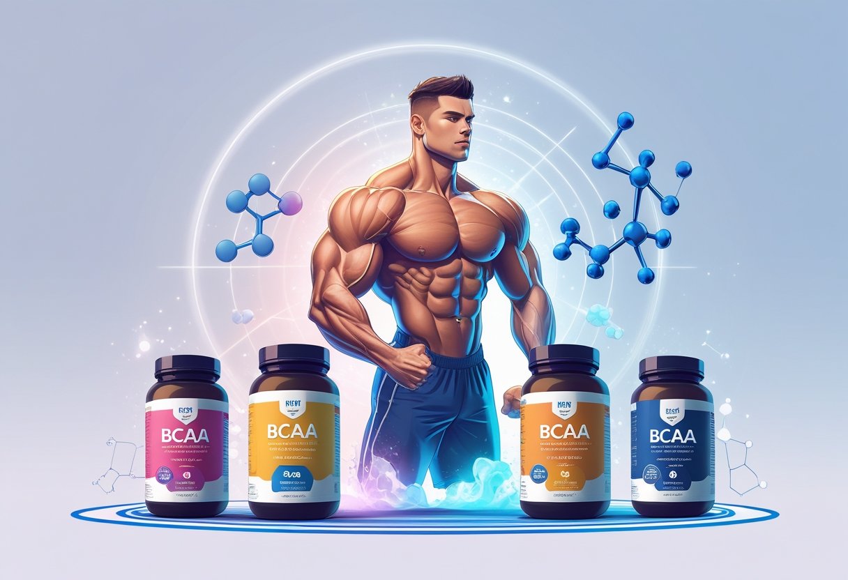 An athlete exercising with five different BCAA supplement containers around them, glowing to show muscle recovery and energy.
