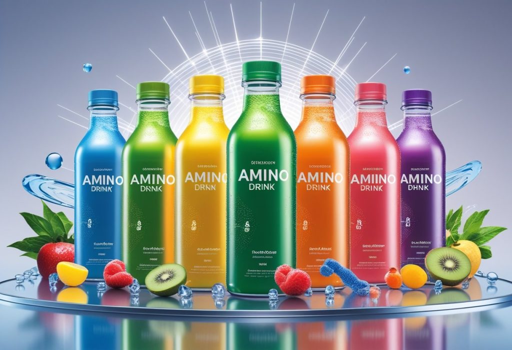 Eight different sports drink bottles arranged in a semi-circle with fresh ingredients and water droplets around them, set against a dynamic background symbolizing energy and hydration.