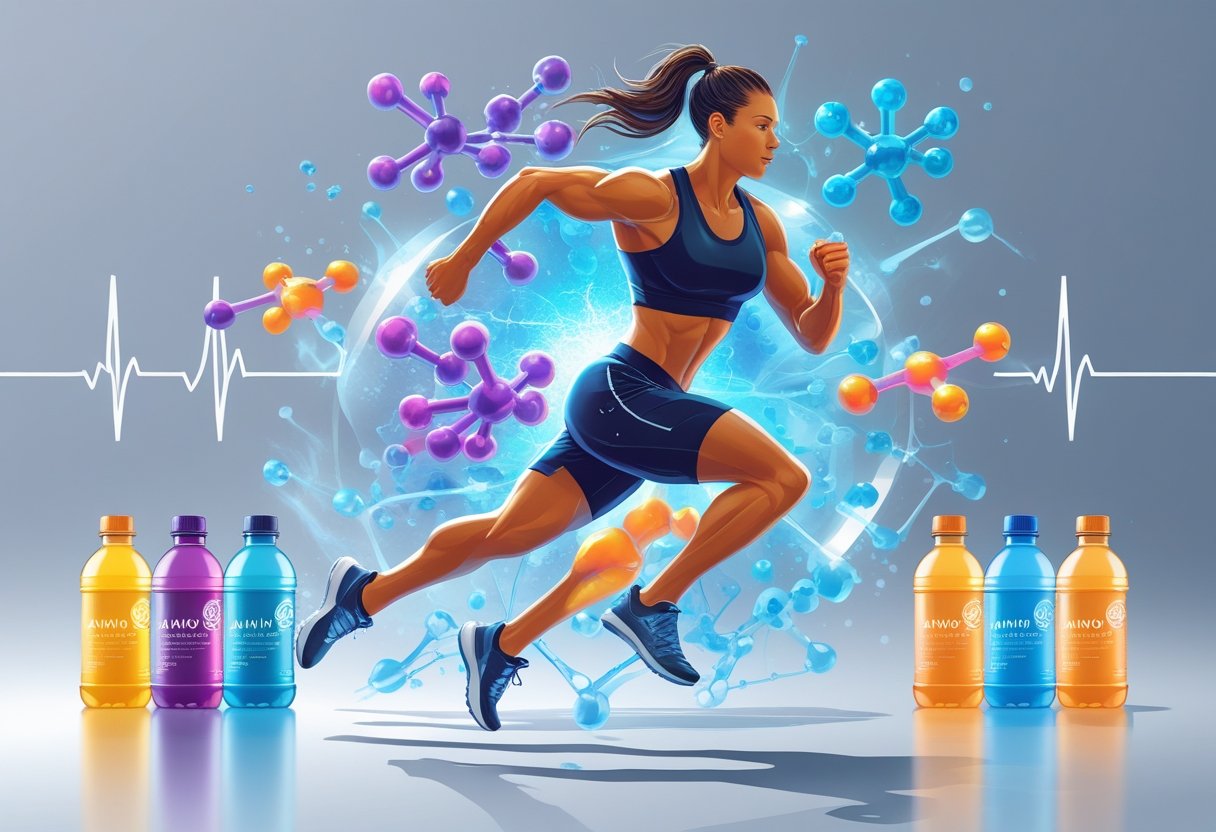 An athlete surrounded by eight different sports drink bottles and glowing molecular structures representing amino acids, symbolizing energy and performance benefits. Amino Acid Sports Drinks: Best Top 8 Picks for Recovery.