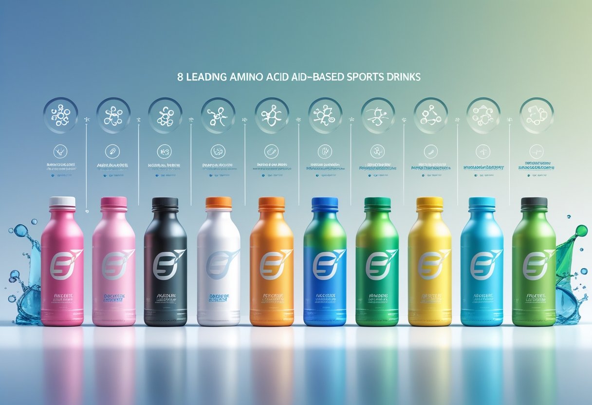 Eight different sports drink bottles arranged in two rows with icons representing amino acids and performance benefits around them.