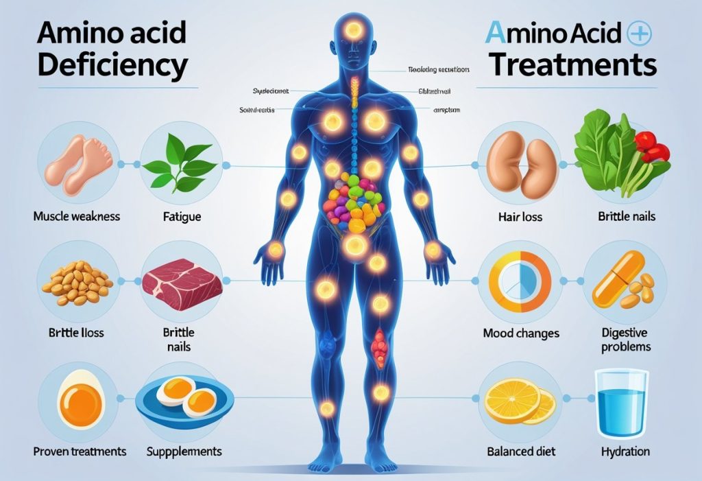 A human figure showing seven highlighted areas representing warning signs of amino acid deficiency, surrounded by illustrations of amino acid molecules, food sources, and treatment symbols.